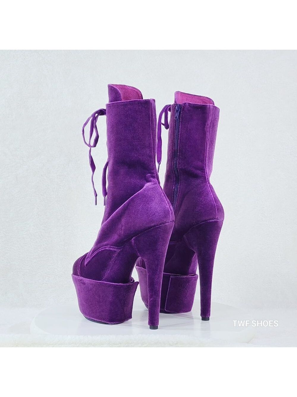 1020 Purple Velvet 7" High Heel Platform Ankle Boots With Boot Protectors - Picture 3 of 8
